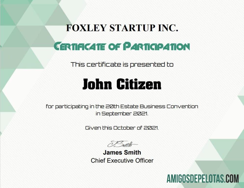 Certificado de participação nos EUA amostra